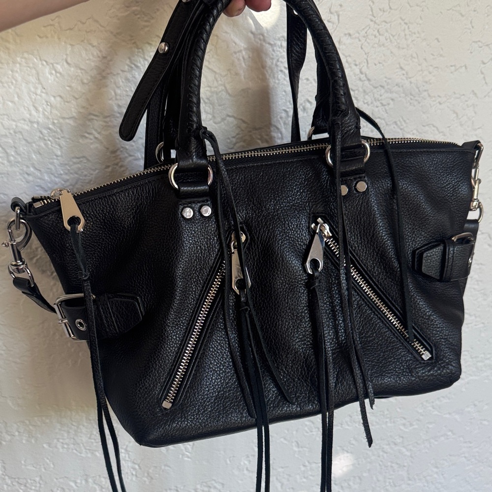 Rebecca Minkoff Black Large Pebbled Moto Leather Satchel Crossbody Silver Zipper - Picture 9 of 12